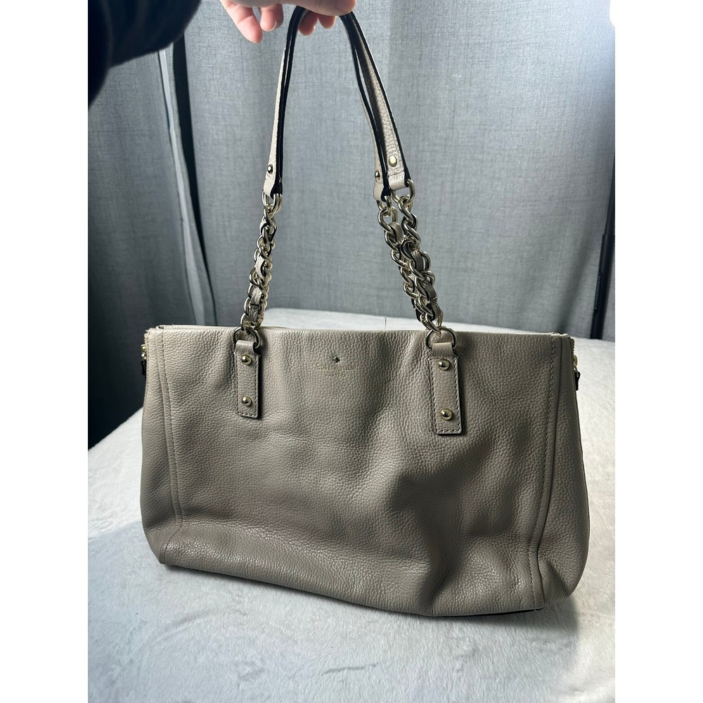 Kate Spade Tote Bag Womens Large Taupe Very Good Pebbled Leather Chain Strap